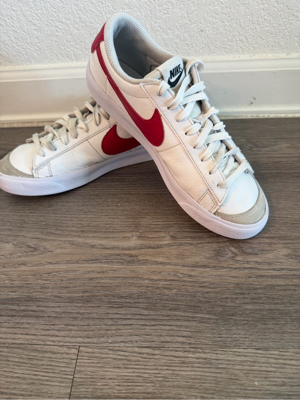 Nike youth kids White Leather Sneakers with Red Swoosh